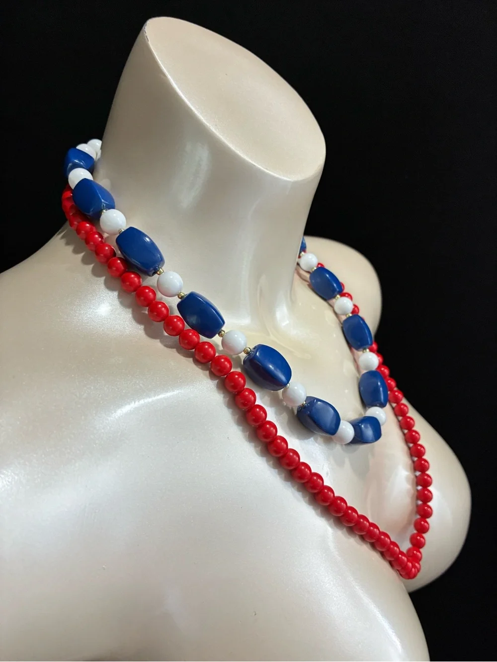 Patriotic Two-Strand Red, Blue & White Beaded VTG Retro Necklace’s Memorial Day